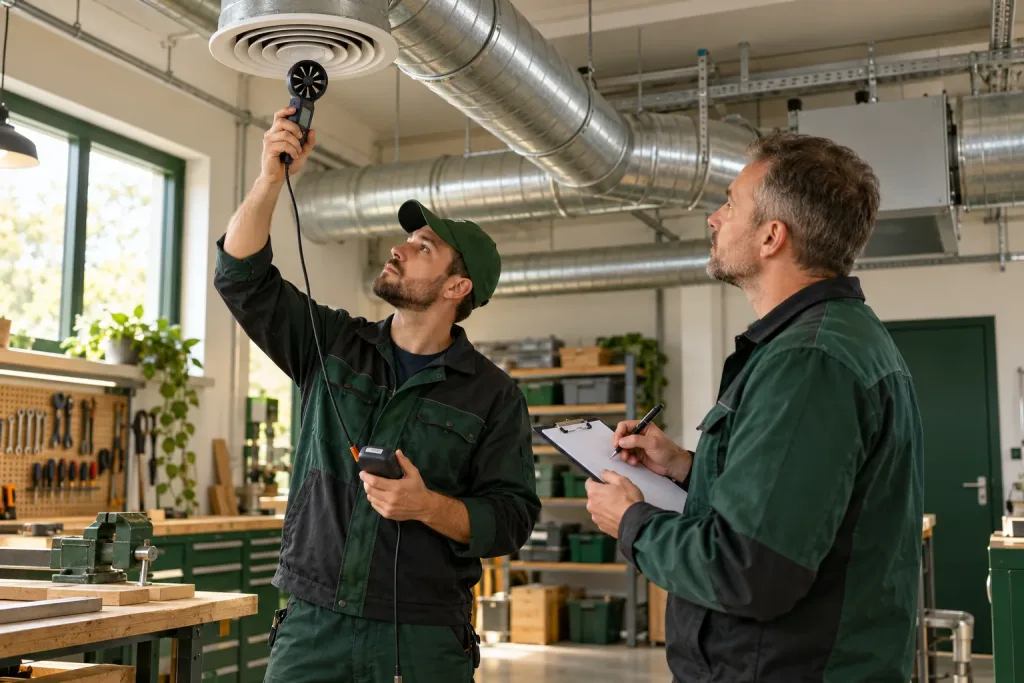Technicy mierzą przepływ powietrza podczas odbioru instalacji wentylacyjnej