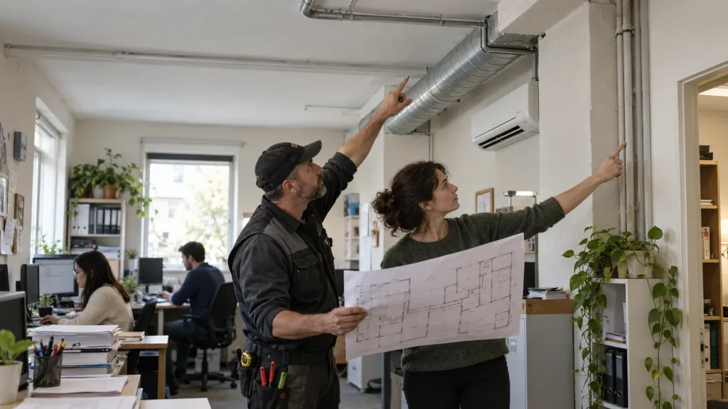 Instalator i administratorka biura wyznaczają trasę instalacji klimatyzacji na planie pomieszczeń
