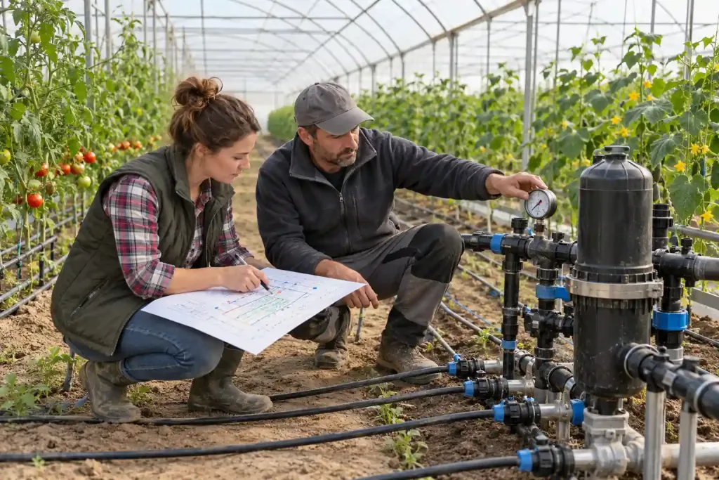 Agronomka i instalator sprawdzają filtr, manometr i sekcje nawadniania w tunelu produkcyjnym