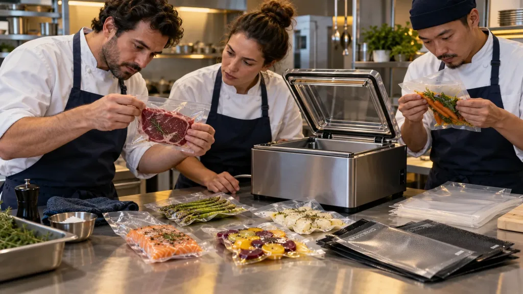 Pracownicy małej gastronomii wykonują test odbiorczy zgrzewarki próżniowej na kilku produktach