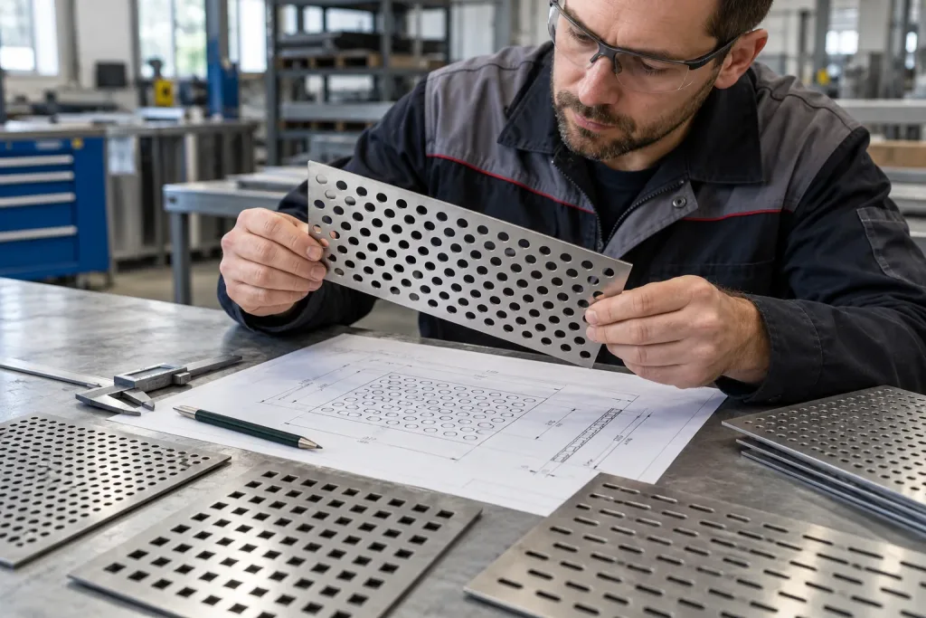 Technolog porównuje próbki perforowanej blachy z rysunkiem technicznym