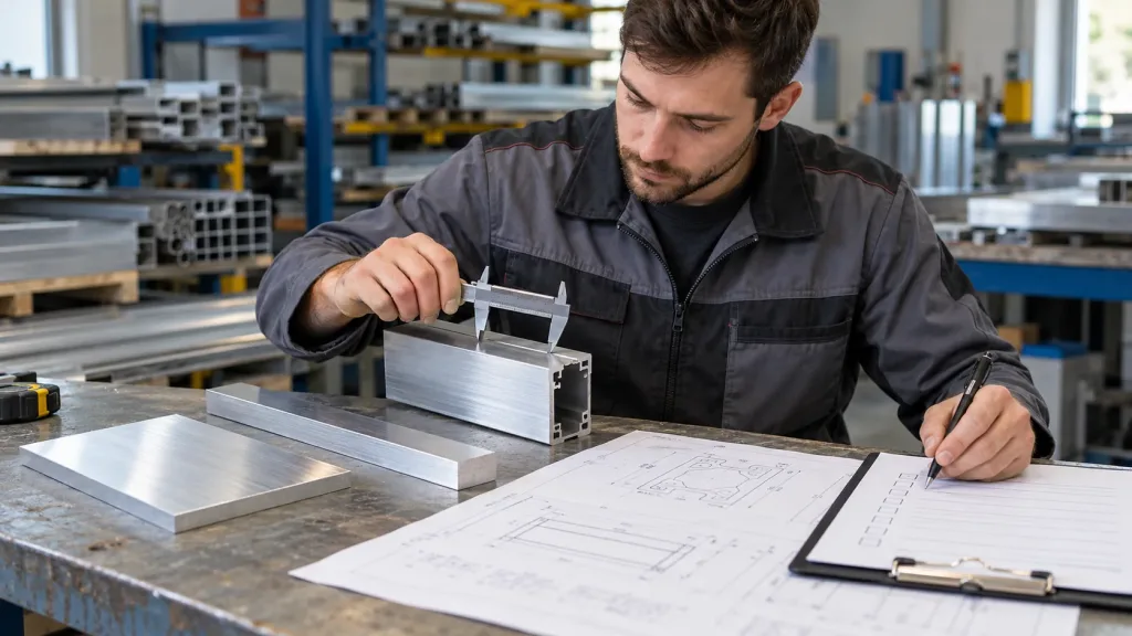 Technolog mierzy profil aluminiowy i porównuje go z rysunkiem technicznym