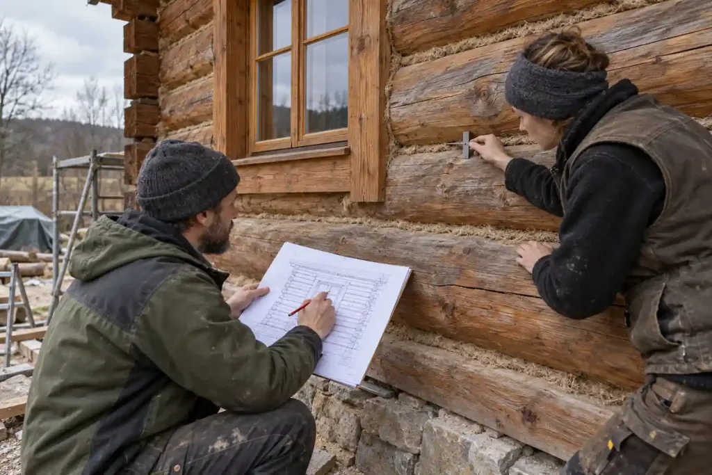 Wykonawcy sprawdzają szczeliny w ścianie domu z bali i nanoszą ich położenie na plan