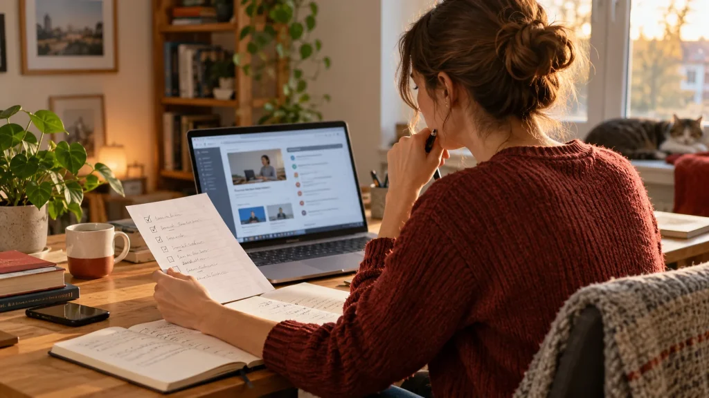 Osoba porównuje program kursu online z własną listą kryteriów