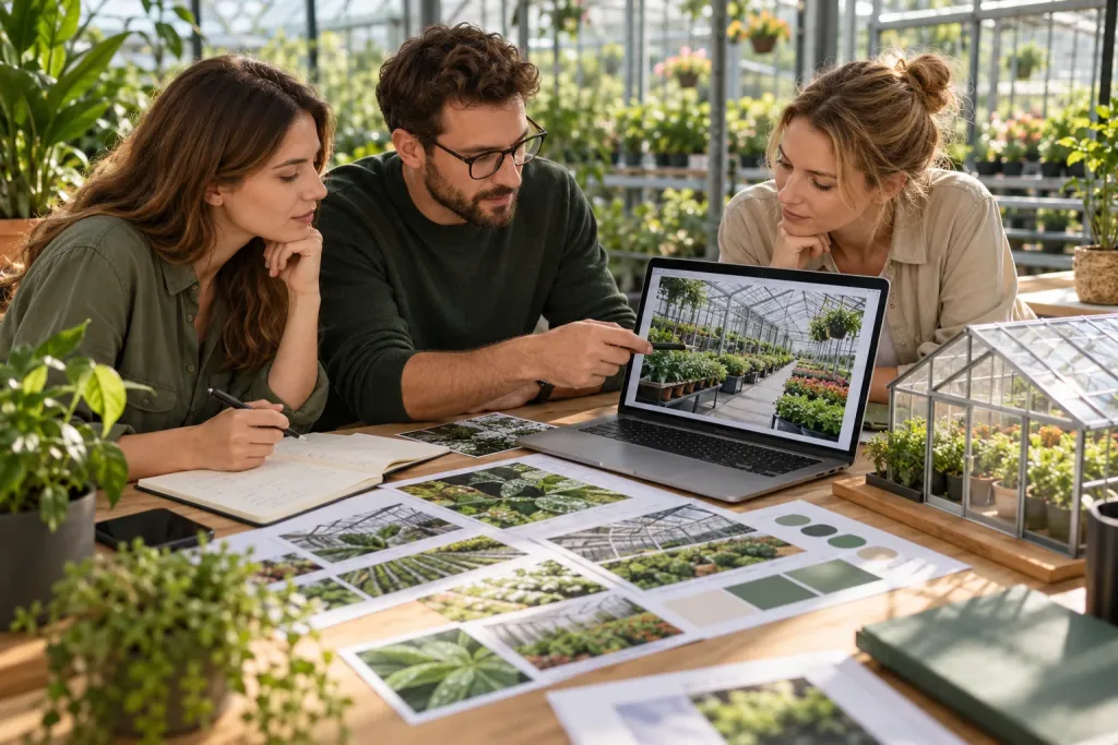 Zespół planuje reklamę B2B dla branży ogrodniczej przy materiałach ze szklarni