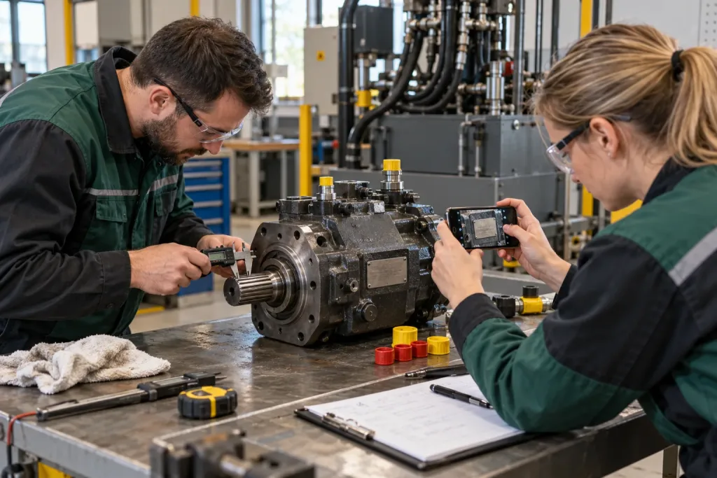 Pracownicy dokumentują pompę hydrauliczną przed doborem zamiennika
