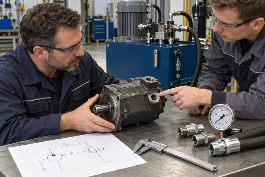 Technicy sprawdzają pompę łopatkową, przyłącza i parametry układu hydraulicznego